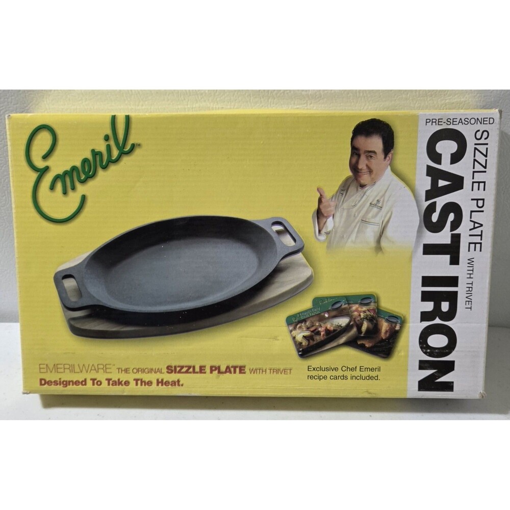 New in Box Emeril Cast Iron Sizzle Plate with Wood Trivet Fajita Steak Platter
